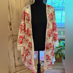 Misslook Pink Floral print Kimono,White Lace Trim Women's Size xl. Boho,festival